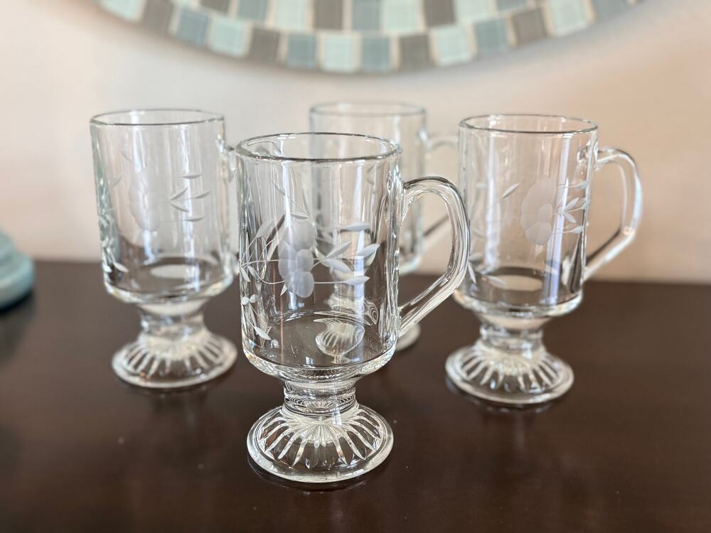 Princess House Crystal Irish Coffee Mugs Set of 4 Etched Floral Pedestal Glasses